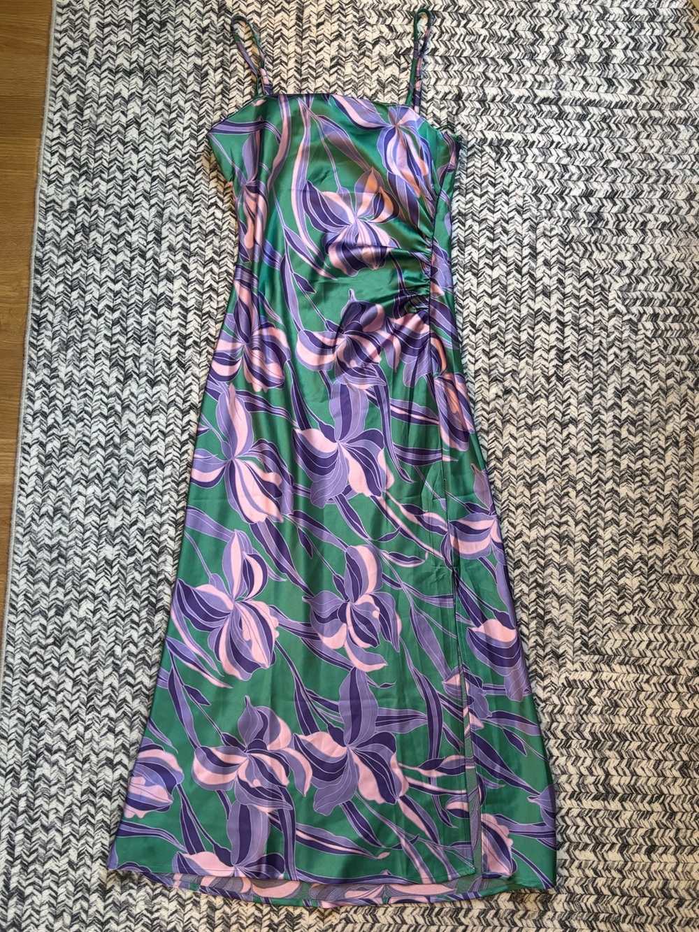 House of Harlow 1960 Green Maxi Slip Dress Purple & Pink Floral Print Medium